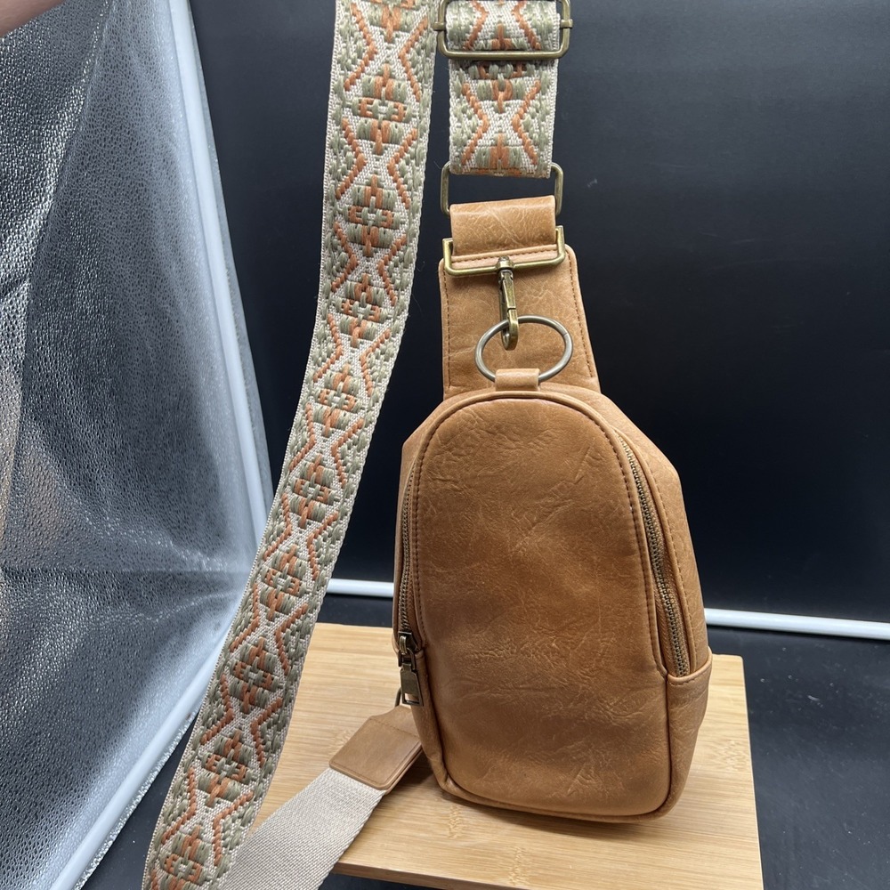 Threaded Pear Women's Tan Vegan Leather Sling Bag Embroidered Strap